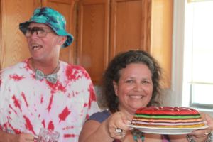 Wayne and Kathy and their tie-dyed wedding reception!